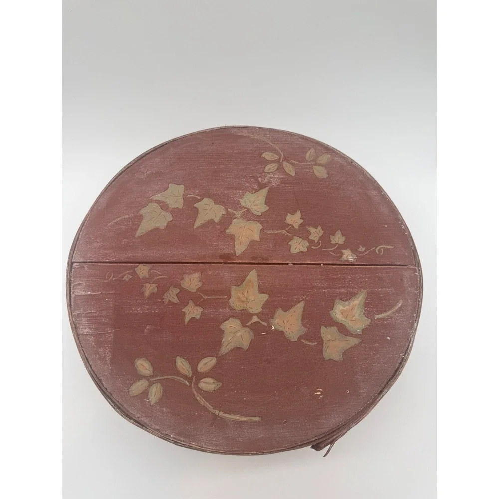 Vintage 1930s Bentwood Hat Box Hand Painted Ivy Leaf Round Storage 15 Inch Wide
